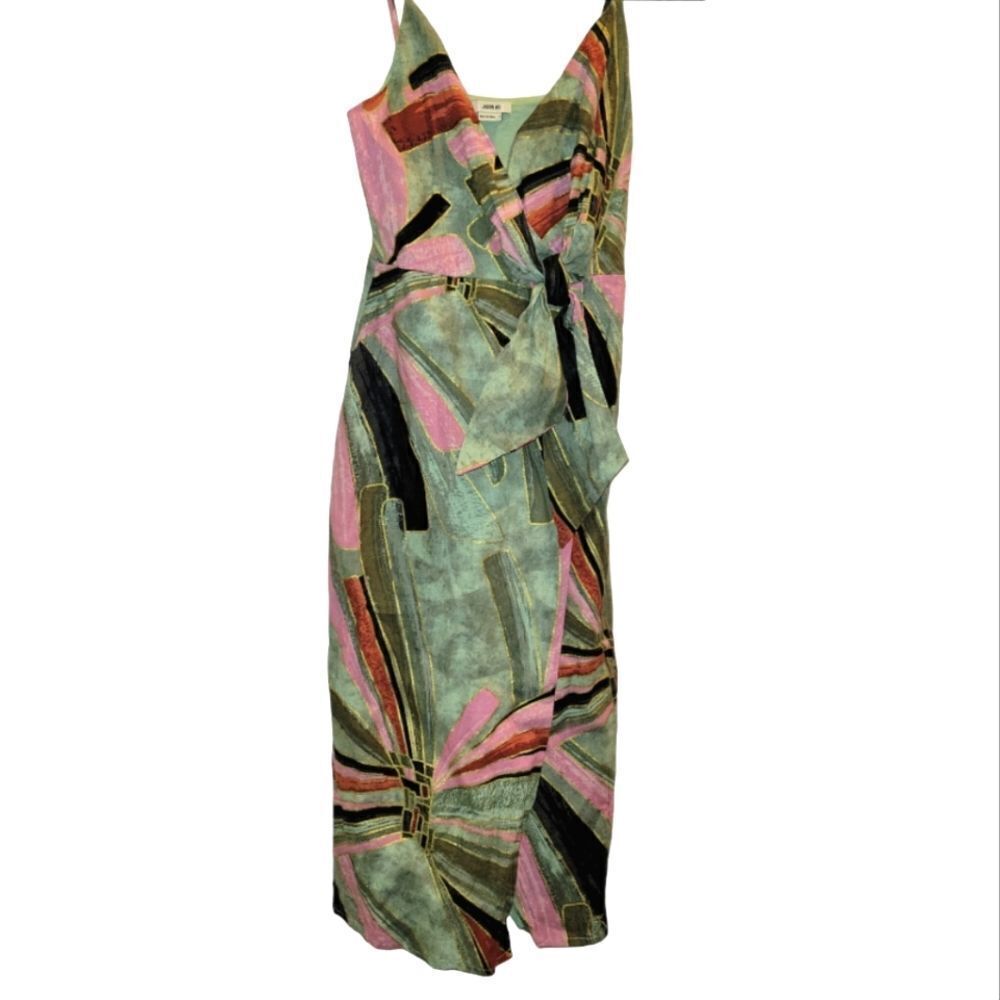 JASON WU Tropical Linen Blend Faux Wrap Front Midi Dress Green Pink Red Size 2
